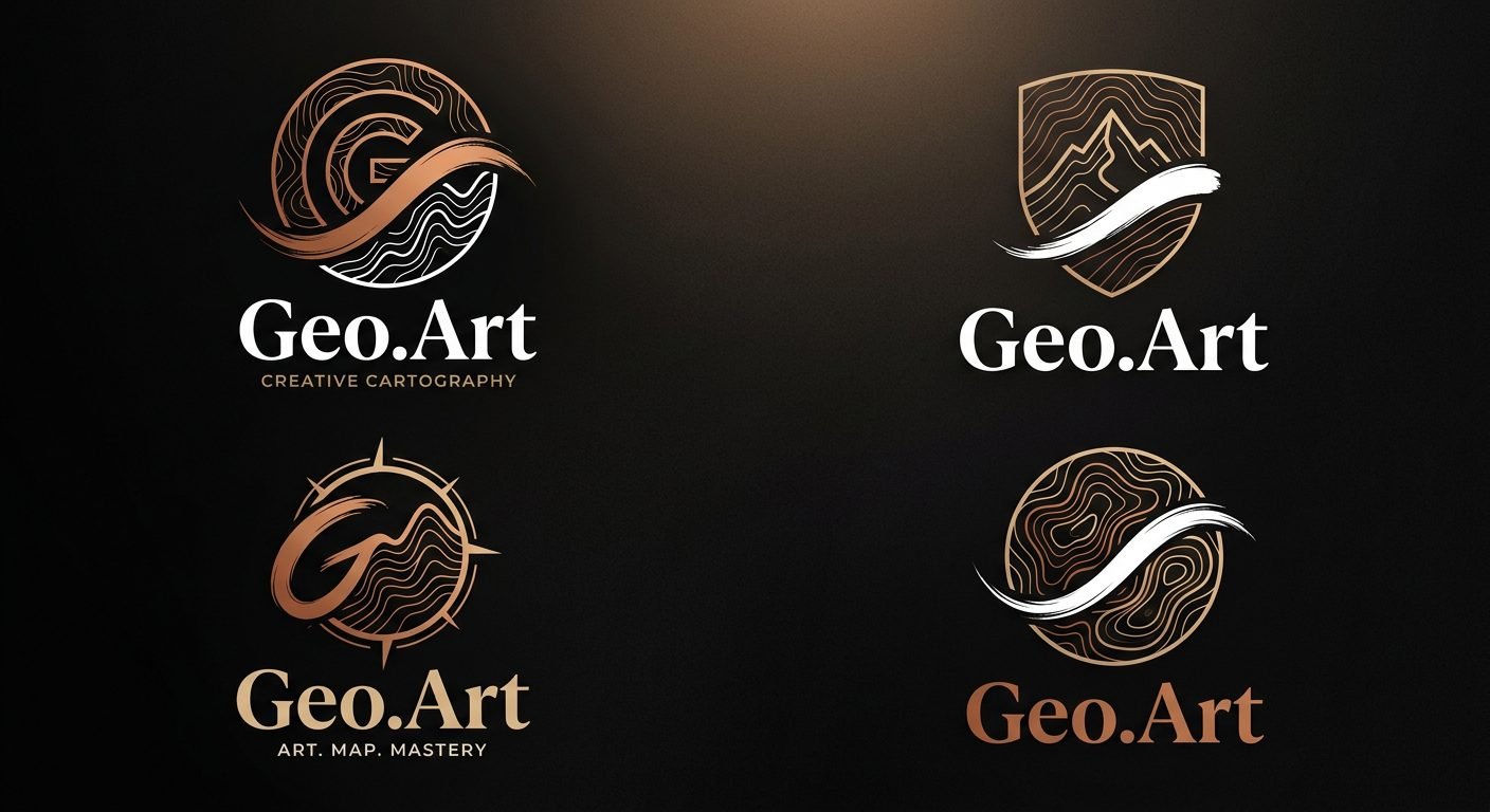 Geo.Art concept sheet: copper topographic emblems on black